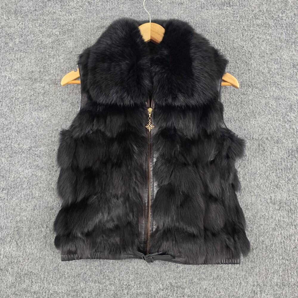 St John Collection Vest Petite Classic Fox Fur Leather Trim Black Quiet Luxury